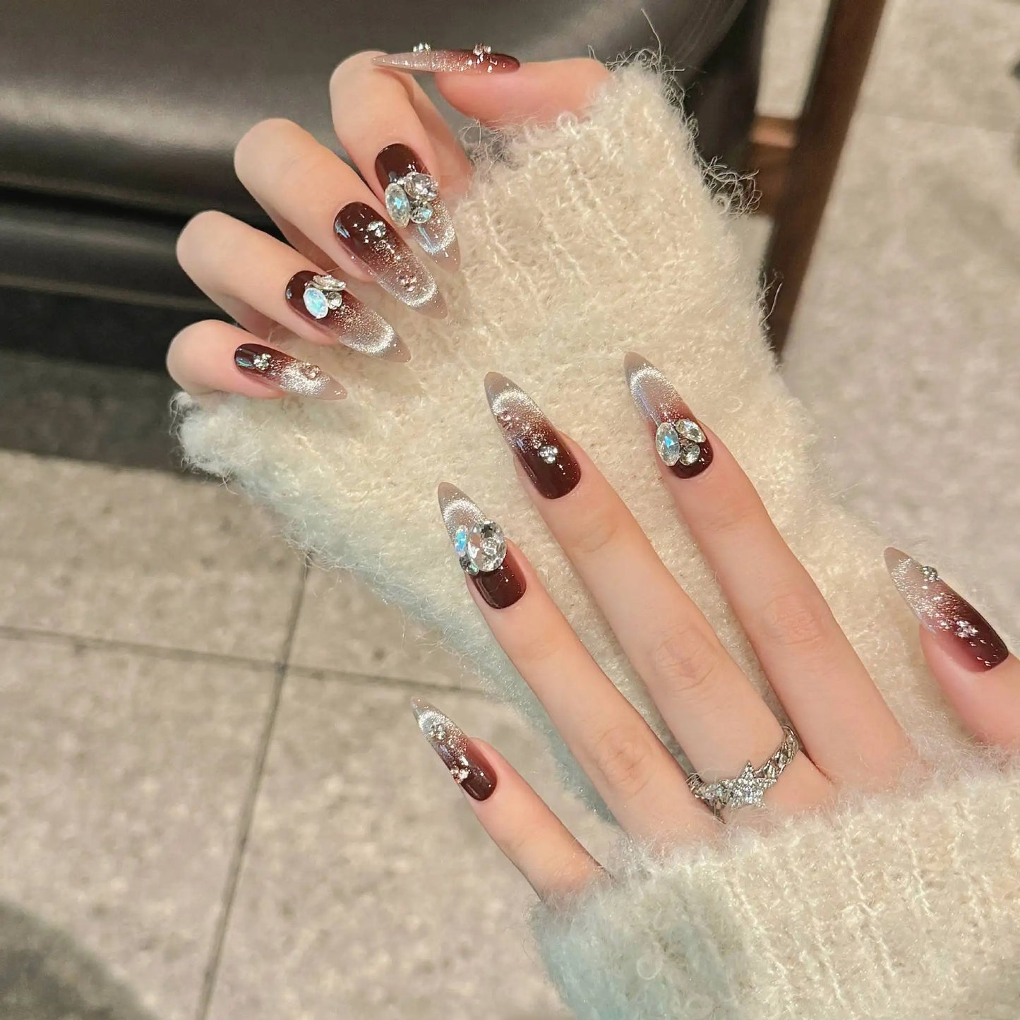Handmade Press on Nails Autumn and Winter Sparkling French Cat Eye Fake Nails Shiny Rhinestone Decor Coffee Color False Nails Peaceful Pleasures Health and Wellness