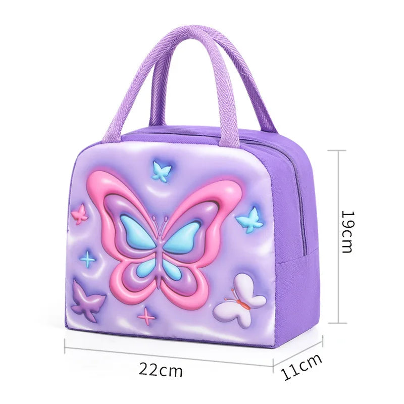 [Cute Cartoon Lunch Bag] 1pc Cute Cartoon Thermal Lunch Bag - Non-Woven Rectangle Bento Box Tote with Thick Aluminum Foil Peaceful Pleasures Health and Wellness Purple Butterfly Lov