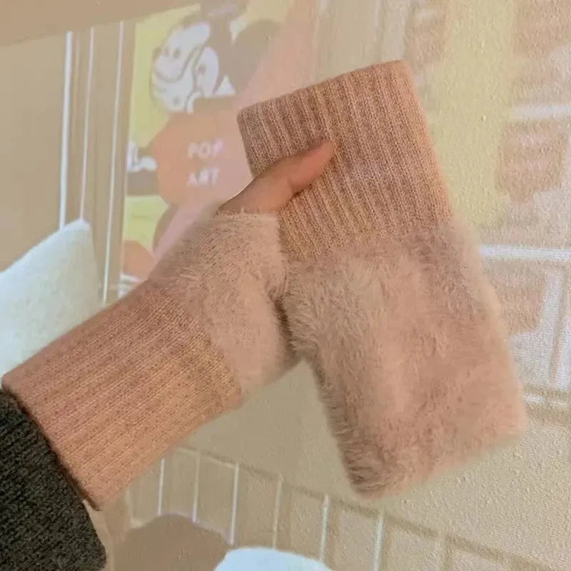 Women's Mink Fleece Fingerless Gloves | Half Finger Winter Mitts