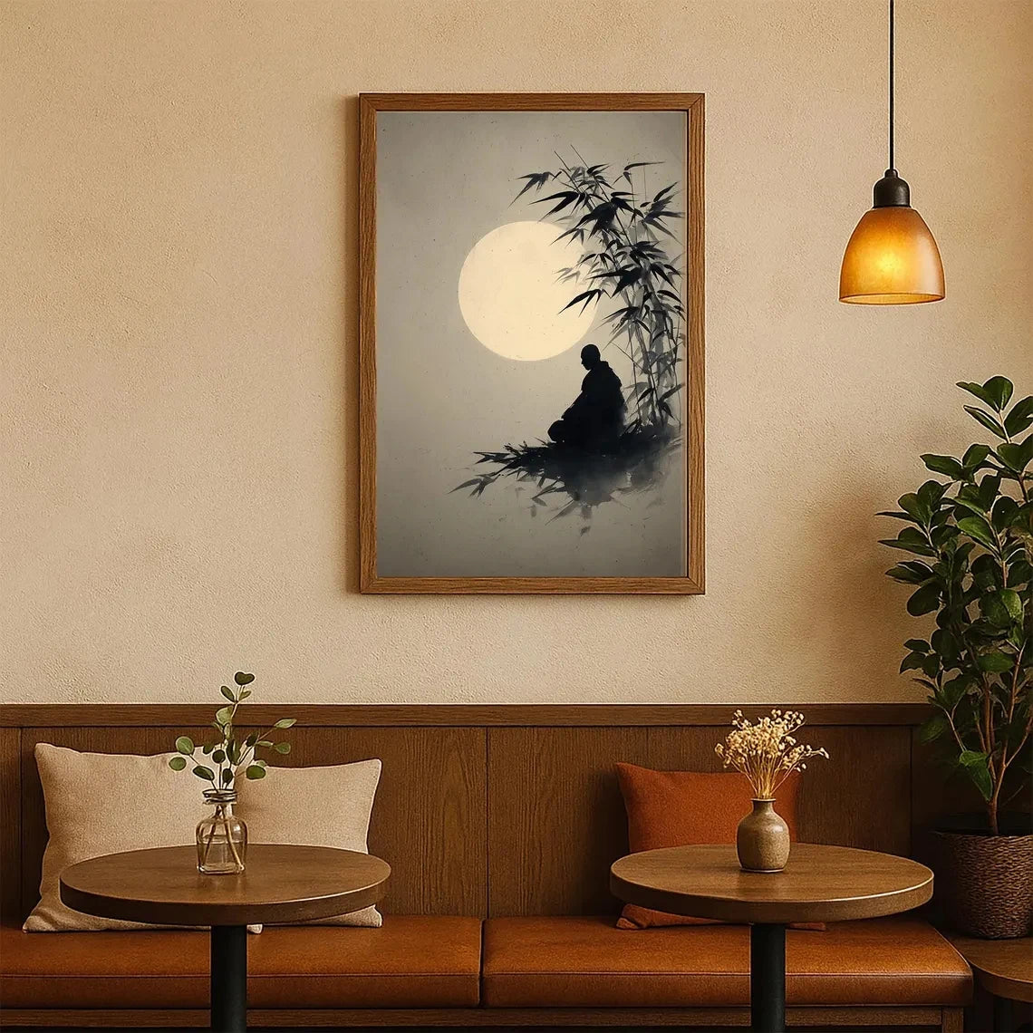 Zen Monk Bamboo Moon Canvas Wall Art | Minimalist Print