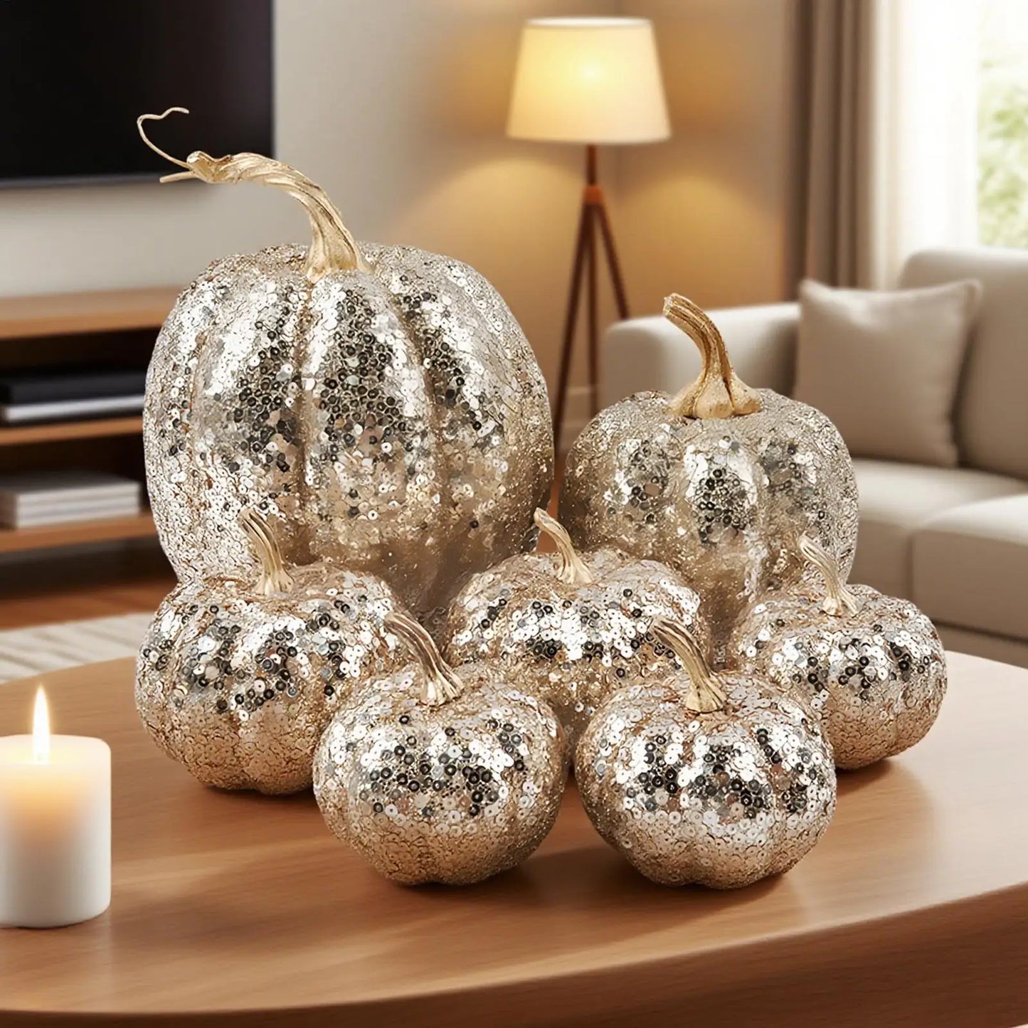 Fake Pumpkins Fall Halloween Decorations Festive 7 Pieces Ornament Glitter Statue for Party Table Shelf Holiday Hallway Bedroom Peaceful Pleasures Health and Wellness