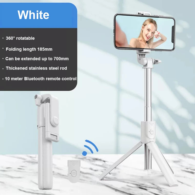 Portable Bluetooth Selfie Stick Mobile Tripod Holder with Remote Shutter Extendable Wireless Remote Retractable Phone Stand Peaceful Pleasures Health and Wellness WHITE