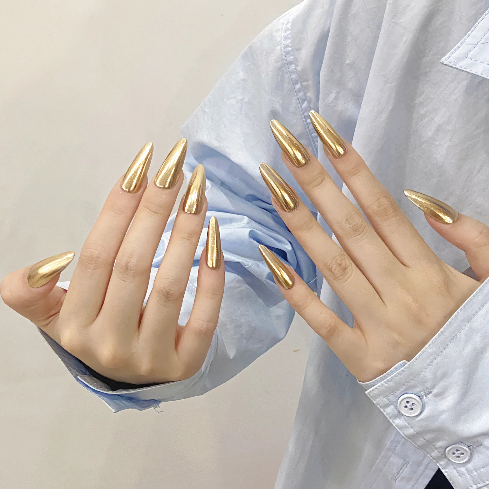 Handmade Press on Nails Champagne Gold Glossy Mirror Fake Nails for Women Girl Wearable Resuable Metal Color Almond False Nails Peaceful Pleasures Health and Wellness