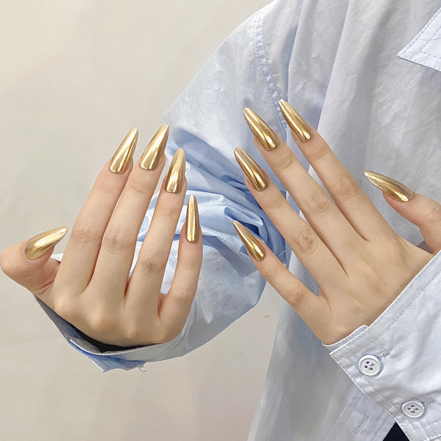 Handmade Press on Nails Champagne Gold Glossy Mirror Fake Nails for Women Girl Wearable Resuable Metal Color Almond False Nails Peaceful Pleasures Health and Wellness