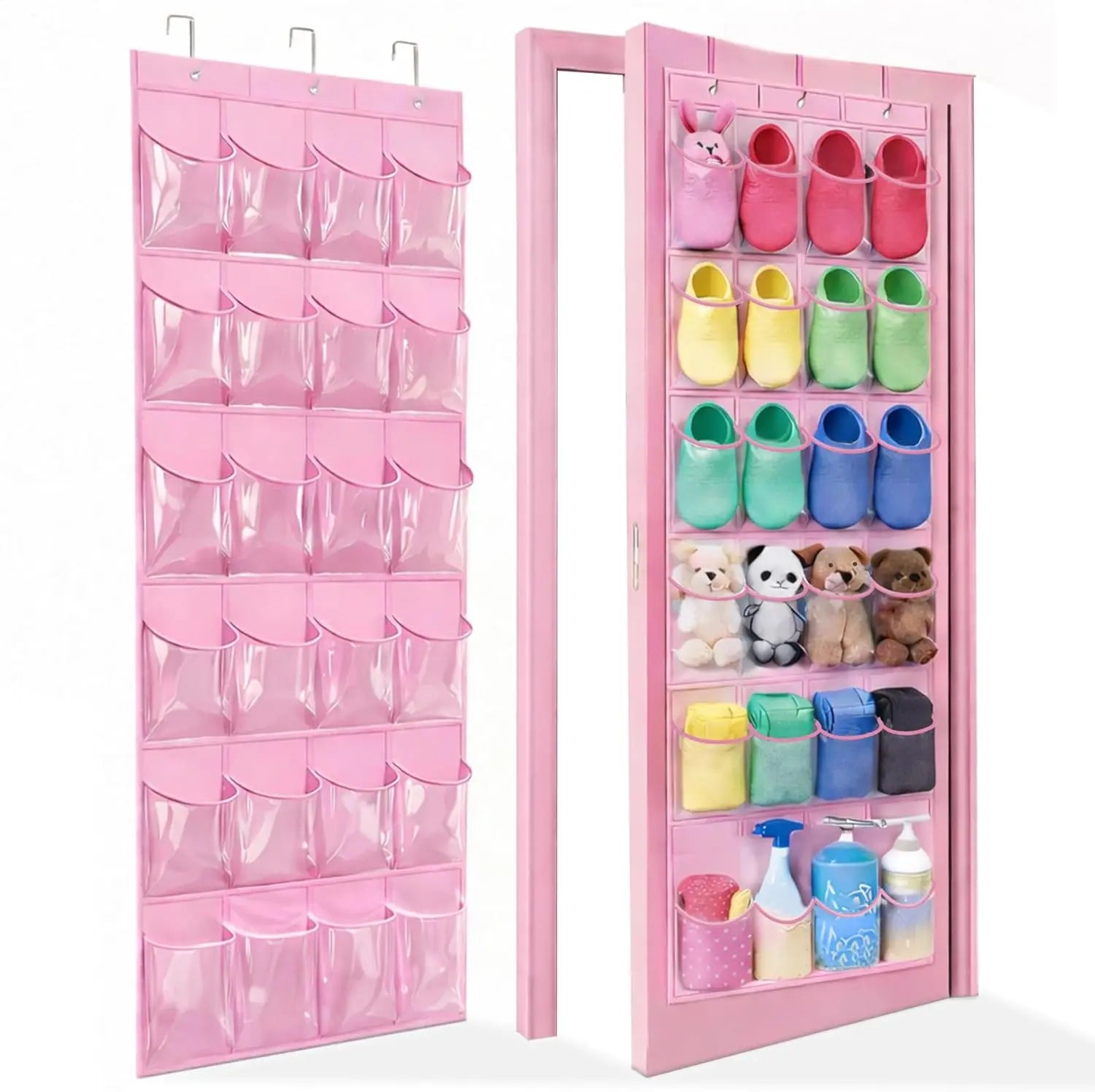 Pink over-the-door shoe organizer with various items inside on a white background