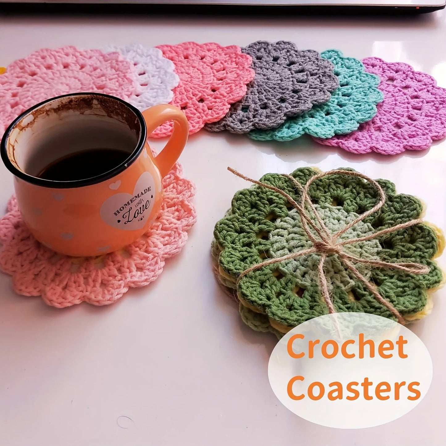 4-Pack Handmade Flower Crochet Coasters | Pink Felt Cup Mats