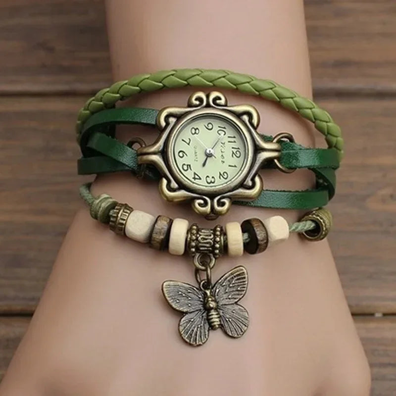 Retro Leather Hand Woven Lady Watch Antique Copper Thin Strap