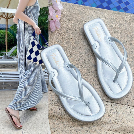 Women's Flat Flip Flops – Luxury Summer Beach Slippers Black Silver
