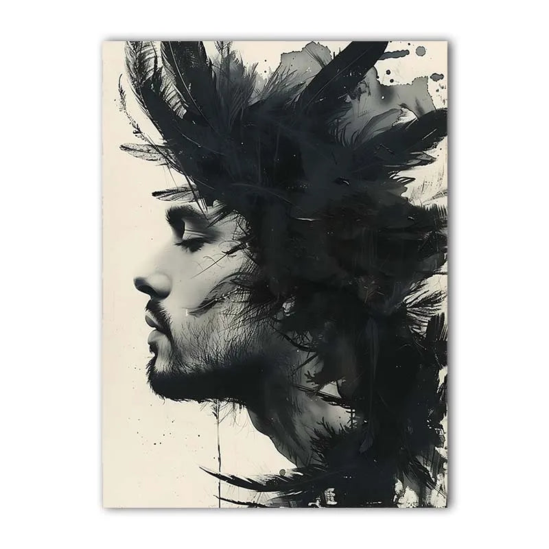 Black & White Feathers Man Canvas Wall Art | Modern Abstract Canvas Wall Art Peaceful Pleasures Health and Wellness 06 40x50cm No Frame China Mainland