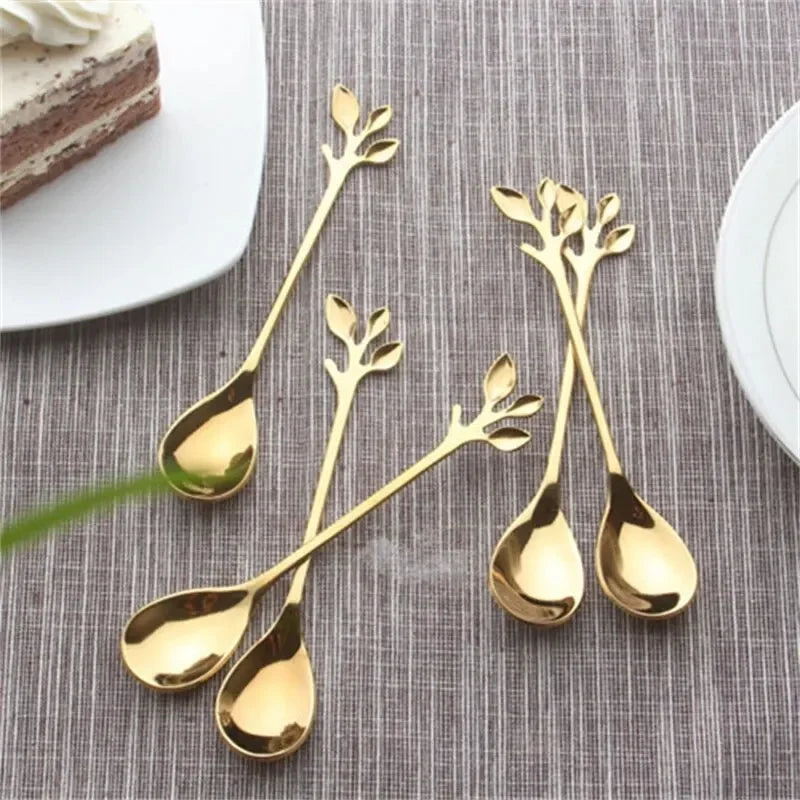 6PCS Creative Personality Stainless Steel Gold Spoons Tree Leaf Spoon Coffee Spoon Tea Spoon Home Restaurant Dessert Cutlery Set Peaceful Pleasures Health and Wellness