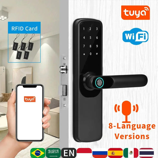 Electronic Smart Door Lock Tuya Wifi With Biometric Fingerprint / Smart Card / Password / Key Unlock/ USB Emergency Charge Peaceful Pleasures Health and Wellness
