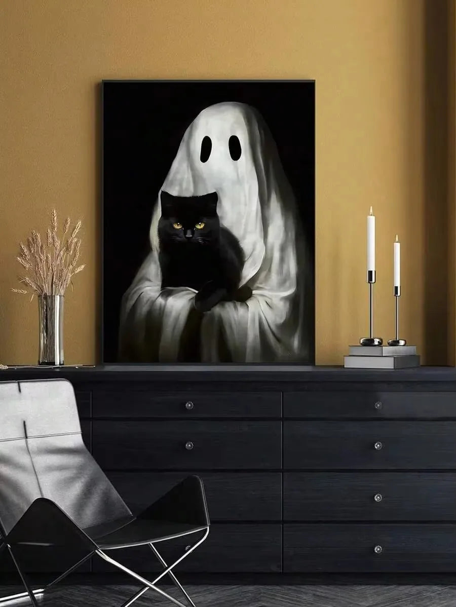 Retro Cute Ghost Companion & Reads Book Canvas Prints Monster Holds Black Cat Wall Art Poster for Living Room Halloween Decor Peaceful Pleasures Health and Wellness ZLH5076 40x50cm No Frame