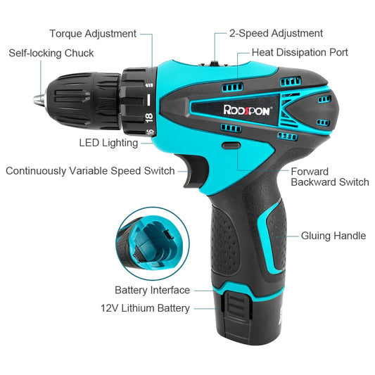 12V Rechargeable Cordless Electric Drill Brushed Electric Drill Impact Drill Power Tool for Household Use(No Battery No Charger) Peaceful Pleasures Health and Wellness