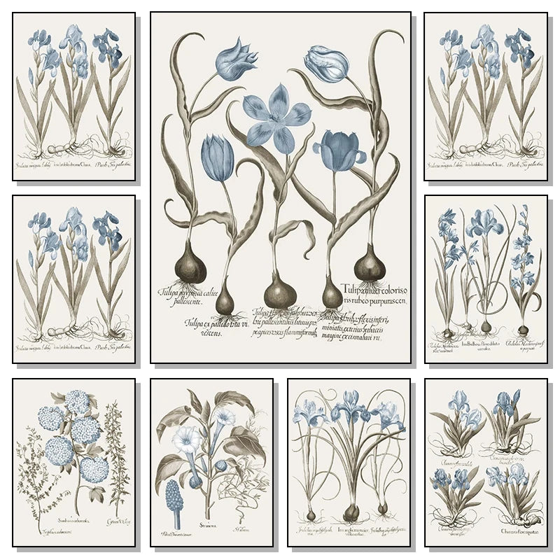 Retro Abstract Blue Various Flower Seedlings Root Green Leaves Poster Canvas Painting Wall Art Pictures Living Room Home Decor Peaceful Pleasures Health and Wellness