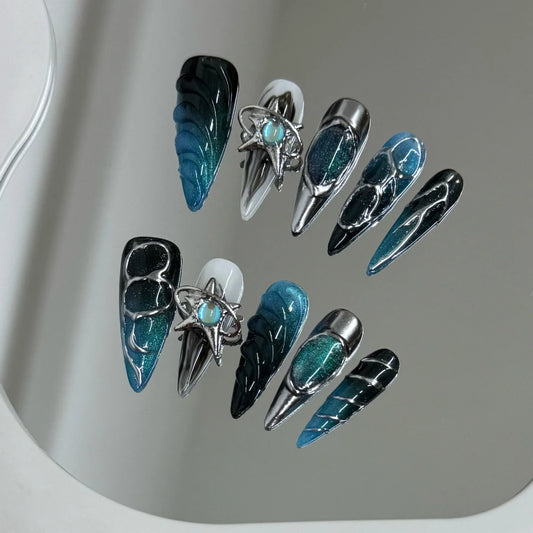 10pcs Handmade Press on Nails Gothic Punk Metal Silver Irregular Lines Fake Nail Tips Wearable Dark Blue Spice Girl False Nails Peaceful Pleasures Health and Wellness