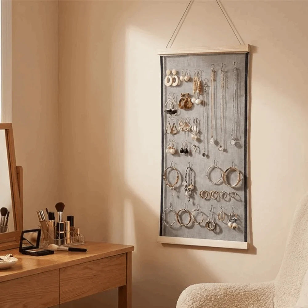 Wood Frame Mesh Grid Jewelry Hanging Display & Storage Rack