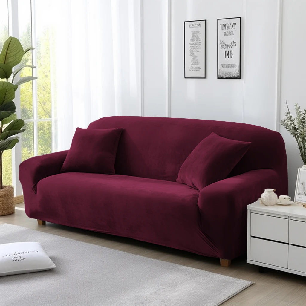Thick Velvet Sofa Covers 1 2 3 4 Seater Stretch Non-Slip Couch Cover Furniture Protector Plush Sofa Slipcovers with 1 Pillowcase Peaceful Pleasures Health and Wellness Wine Red 1seat (90-140cm)