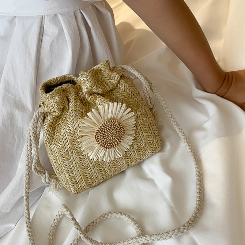 Rattan Straw Woven Crossbody Bucket Bag | Flower Shoulder Bag