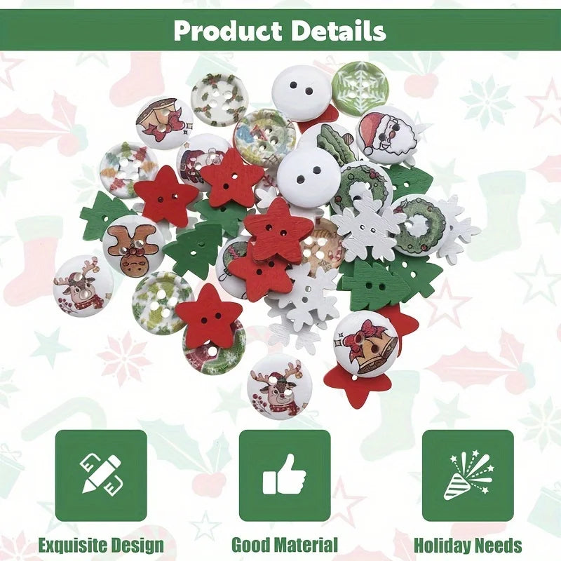100 Wooden Christmas Buttons Variety Festive Patterns Sewing Crafts