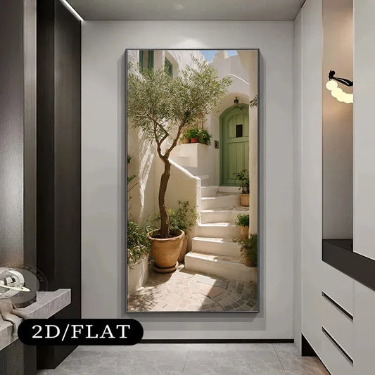 1pc Unframed Canvas Wall Art Mediterranean-Style Staircase with Olive Tree and Green Door, for Living Rooms, and Bedrooms Decor Peaceful Pleasures Health and Wellness ZLH8372 30x60cm No Frame