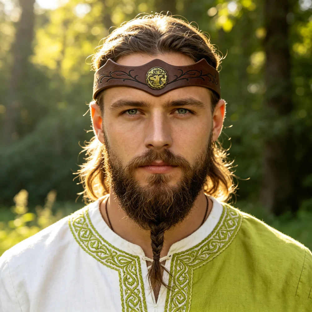 Viking Deer Medallion Leather Headband Medieval Tree Pattern