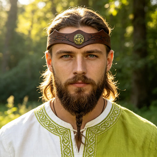 Viking Deer Medallion Leather Headband Medieval Tree Pattern Peaceful Pleasures Health and Wellness