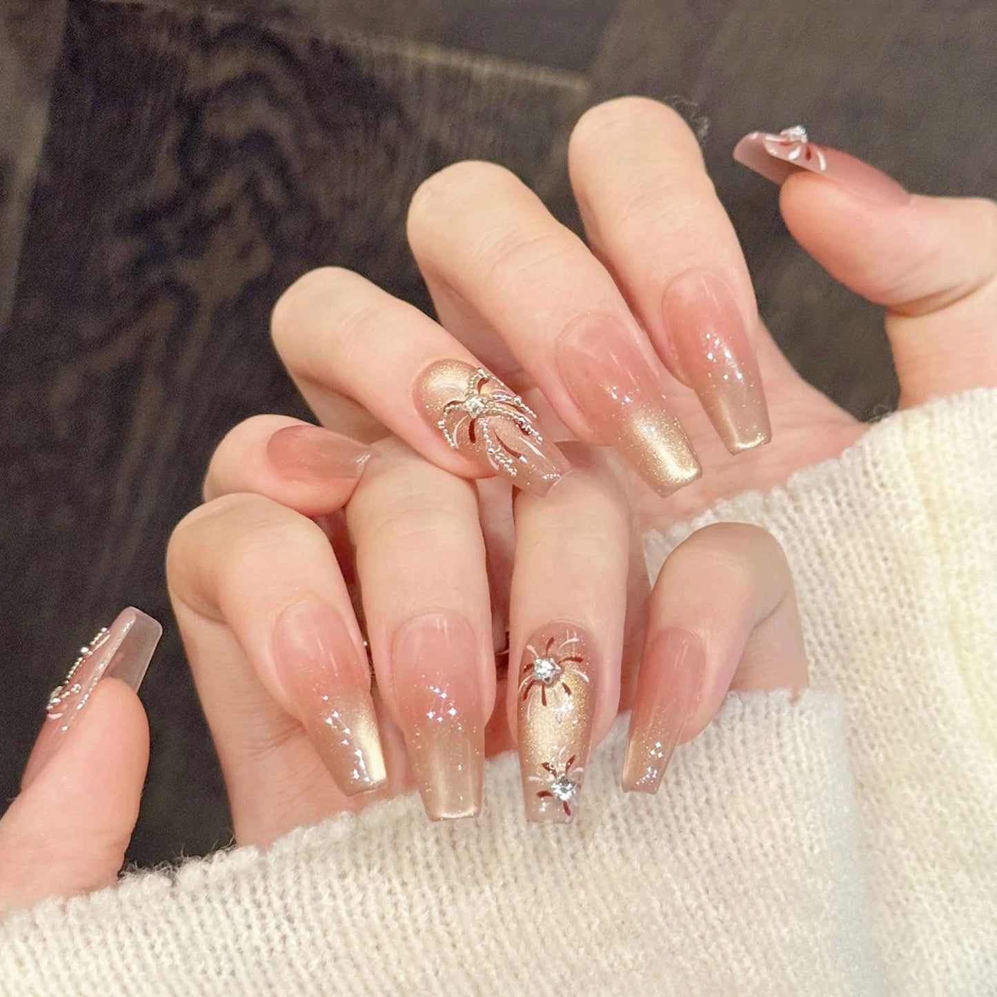 10pcs Cat's Eye Press-On Nails | Rhinestone New Year Fake Nails