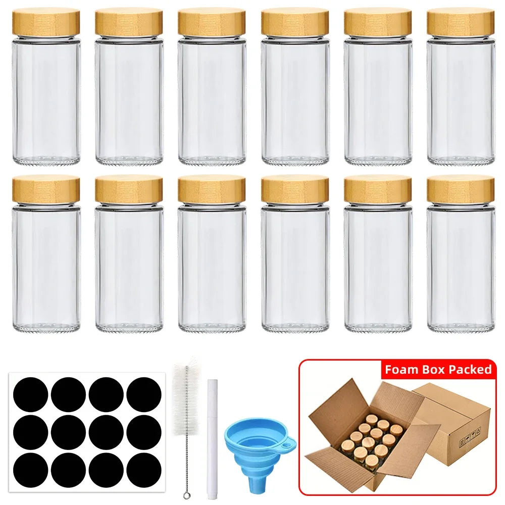 12-Piece Glass Spice Jars with Bamboo Lids, Labels & Funnel