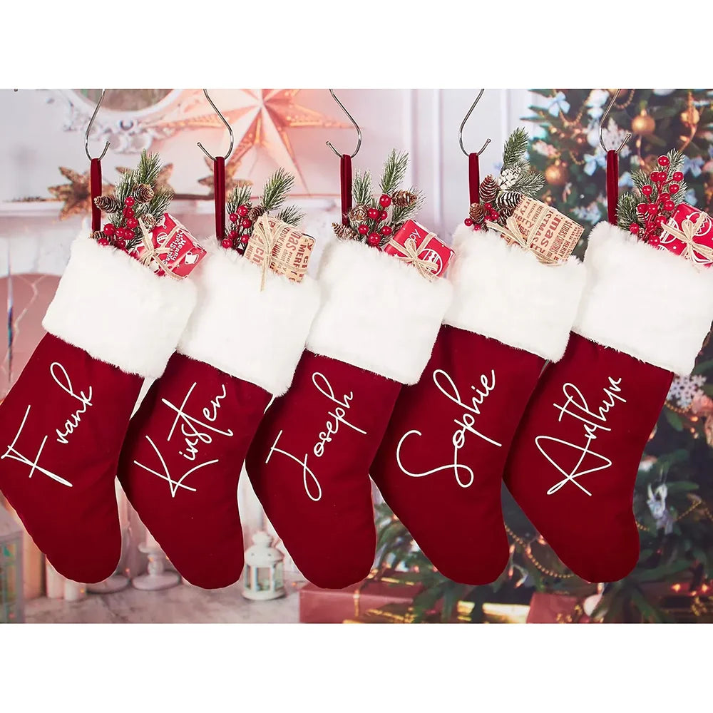 Personalized Name Red Plush Christmas Stocking Christmas Decor Supplies Merry Xmas Eve Stocking Stuffers New Year Candy Bag Peaceful Pleasures Health and Wellness