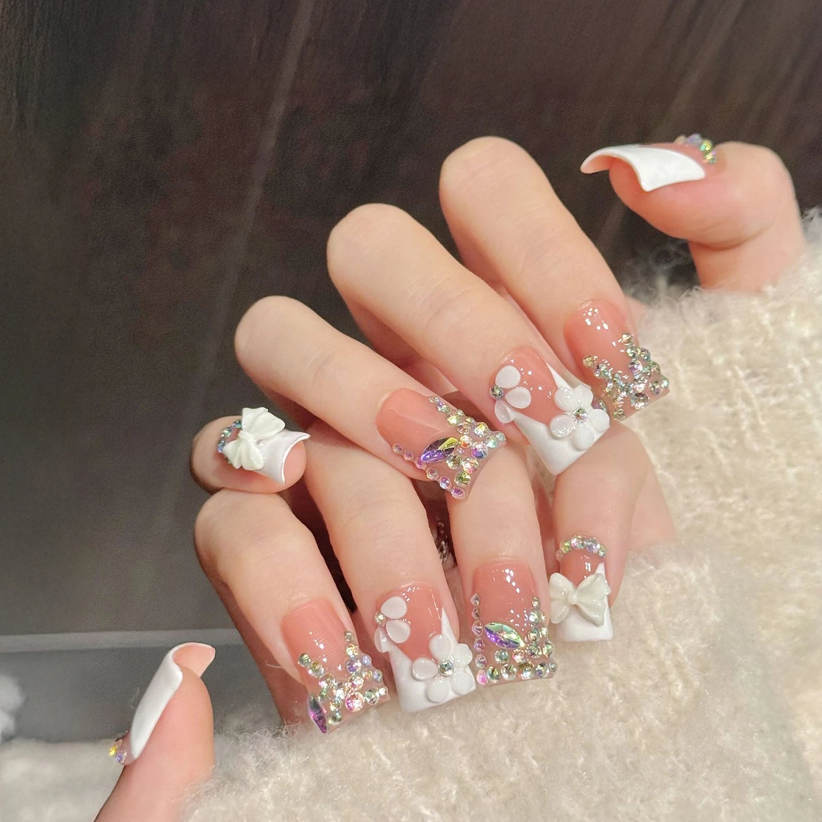 10pcs Handmade Duckbill Press on Nails French Artificial Nails With 3D Flowers Decor Elegant Fake Nails Detachable False Nails Peaceful Pleasures Health and Wellness