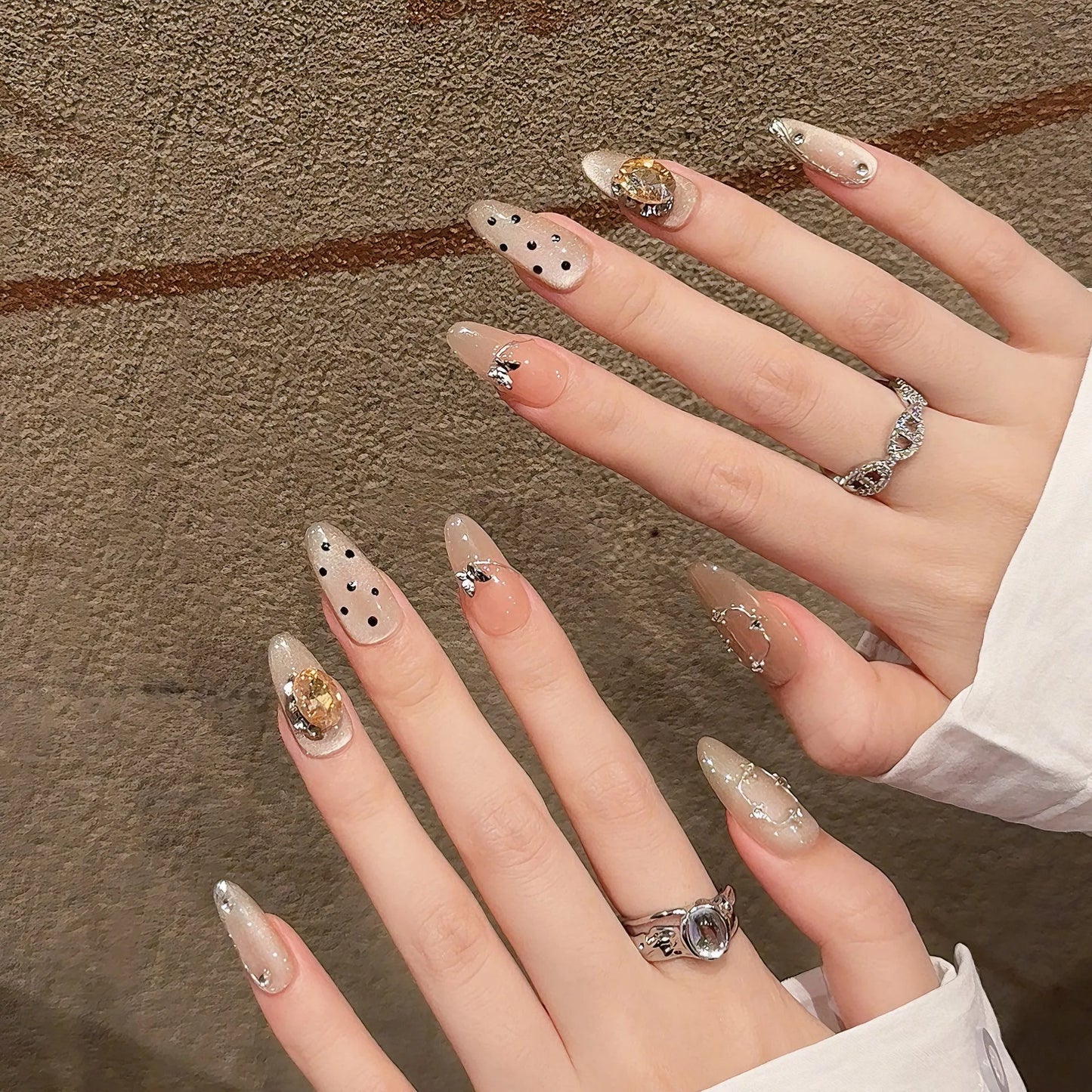 Handmade Cat Eye Press On Nails | Crystal Korean Nude Style