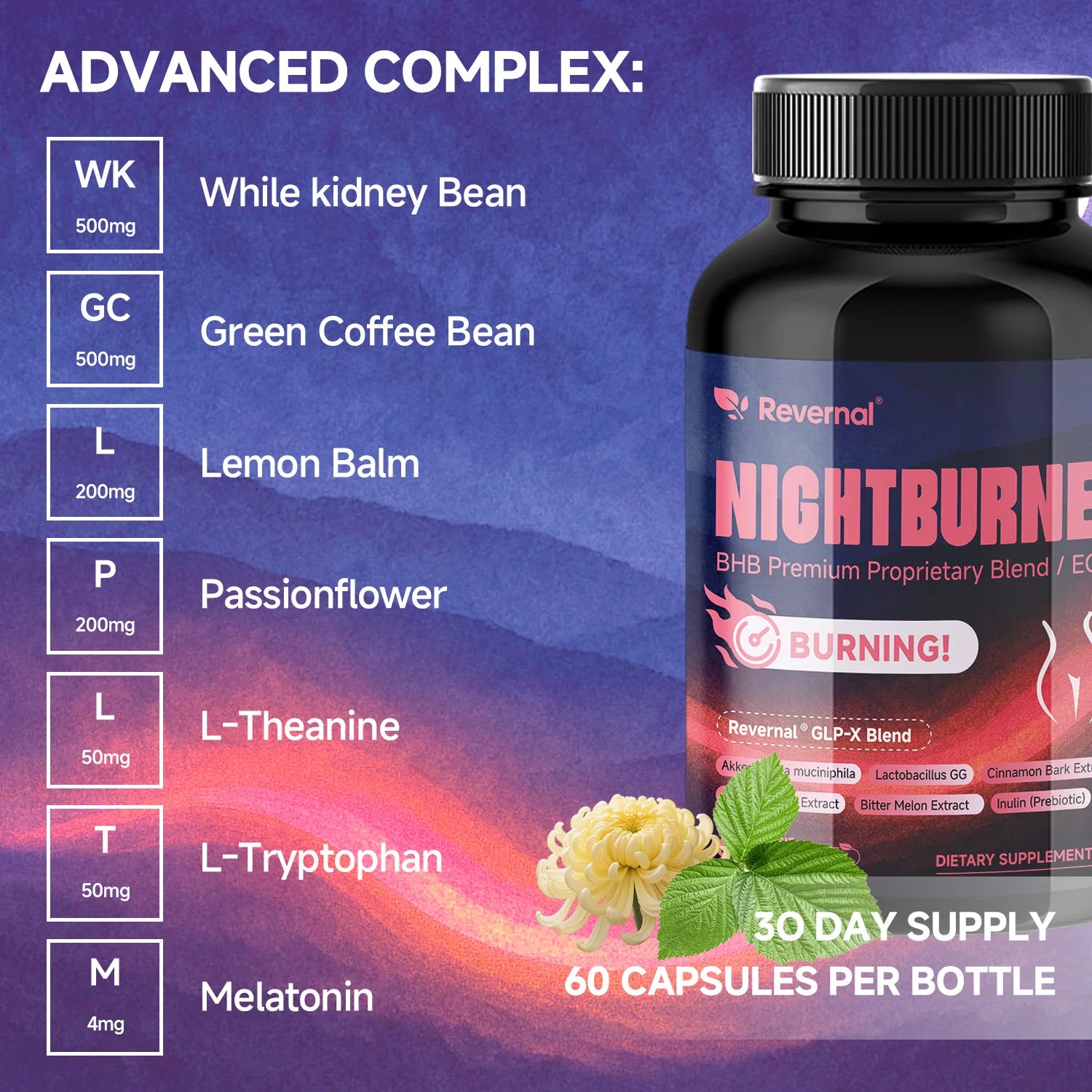 Revernal Night Time Burner Capsules, with BHB Premium Blend, Green Tea, Ginger, Apple Cider Vinegar - Sleep, Energy, 60 Capsules Peaceful Pleasures Health and Wellness