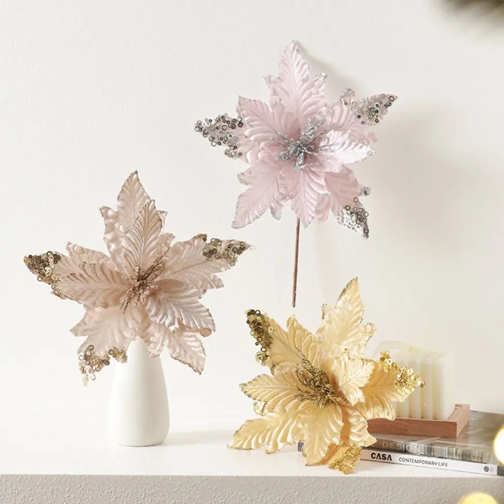 25cm Christmas Poinsettia Glitter Artificial Flower | DIY Wreath
