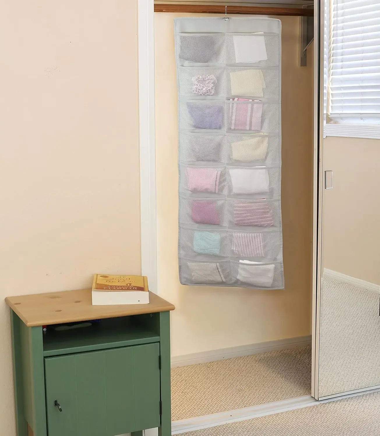 Double-Sided Closet Organizer with 24 Pockets and Rotating Hanger, Mesh Fabric, Gray Peaceful Pleasures Health and Wellness
