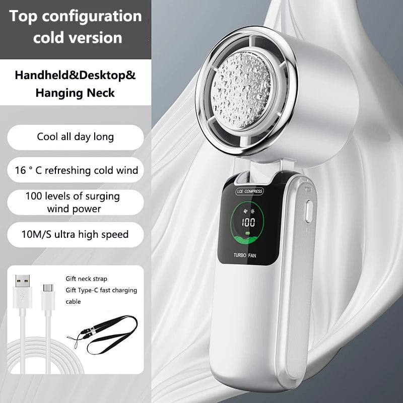 Portable Air Cooling Turbos Handheld Fan 100-Speed Adjustable Refrigeration Cooler 4000mAh LED Display USB Rechargeable Peaceful Pleasures Health and Wellness White