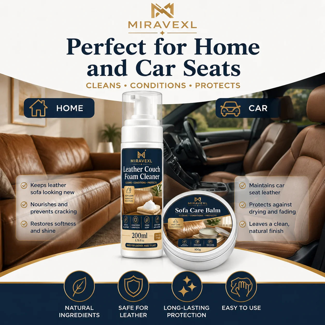 MIRAVEXL Leather Cleaner & Conditioner Kit – Foam + Care Balm