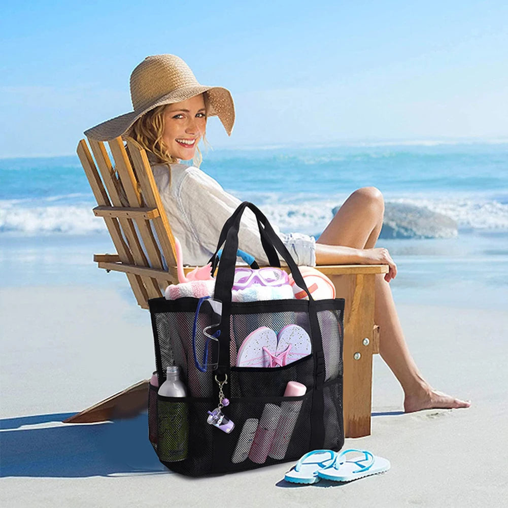 Mesh Beach Bags Beach Tote Bag With Multi Pockets Large Capacity Travel Tote Handbag Swim Pool Bag Multifunctional Storage Bag Peaceful Pleasures Health and Wellness