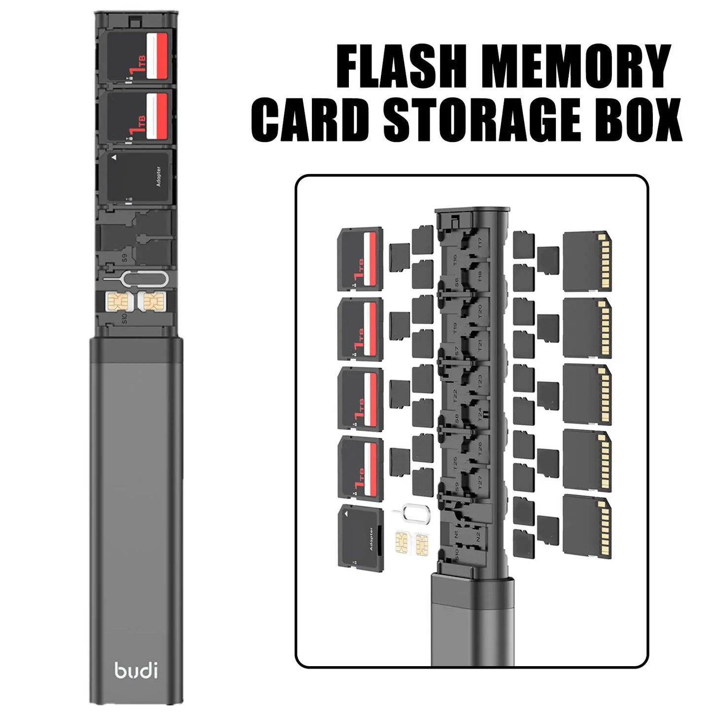 BUDI 30-Slot SD & SIM Card Case – Aluminum Alloy Organizer