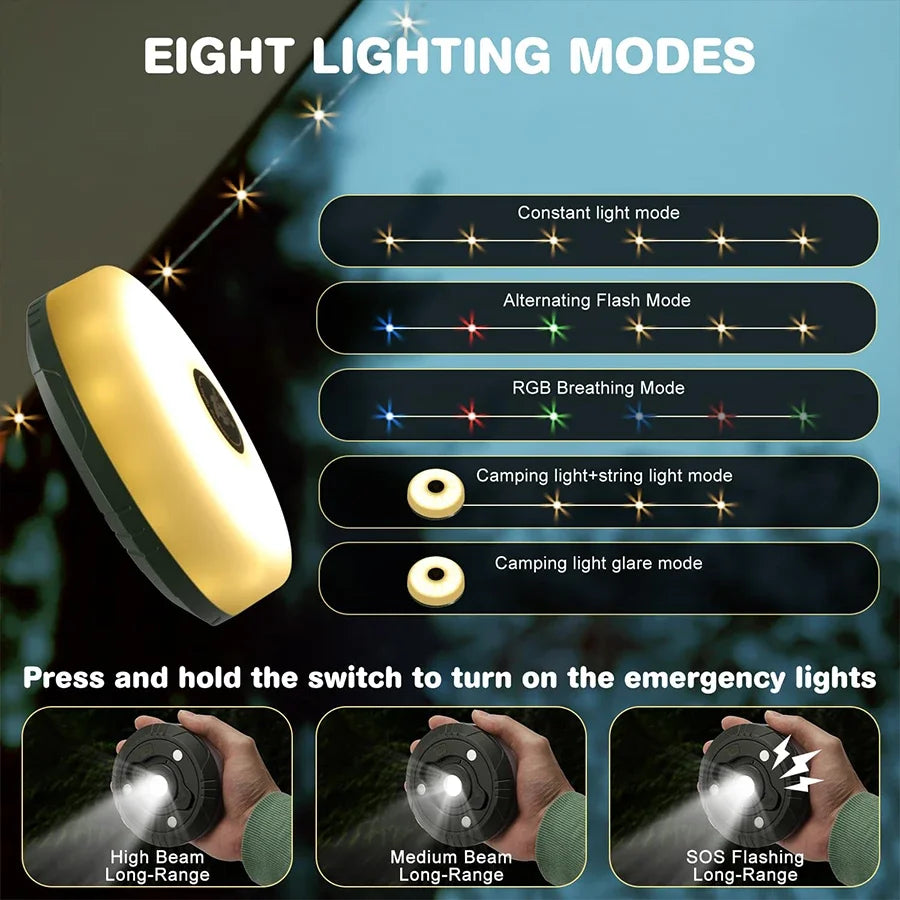 Rechargeable Portable Lantern Camping Light 10m LED String Lights Outdoor Tent Light with Hook XTE LED Flashlight Holiday Decor Peaceful Pleasures Health and Wellness