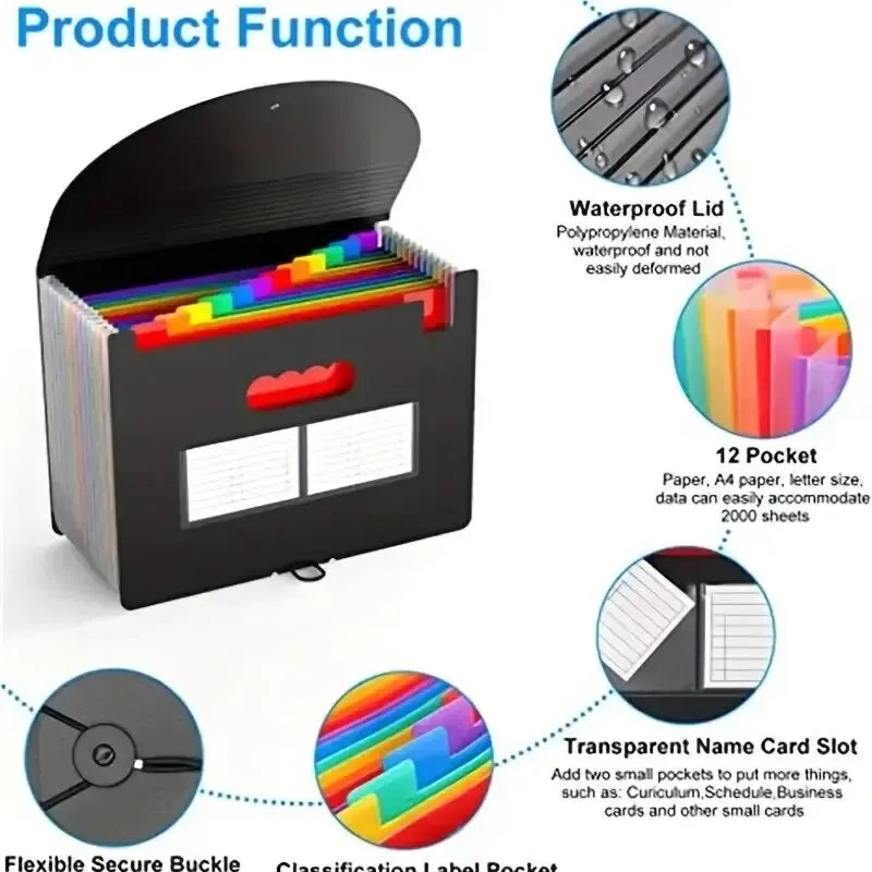 Expanding File Folder 12 Pockets A4 Size Filing Folder Organizer Large Capacity Portable Accordian File Box for Classroom Office Peaceful Pleasures Health and Wellness