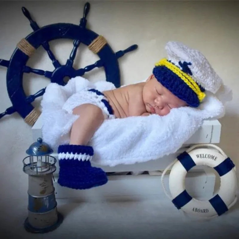 Nautical Police Crochet Costume Set 2/3Pcs - Handmade Sailor Style Newborn Baby Boy Photo Outfit with Hat & Booties (0-3 Months) Peaceful Pleasures Health and Wellness