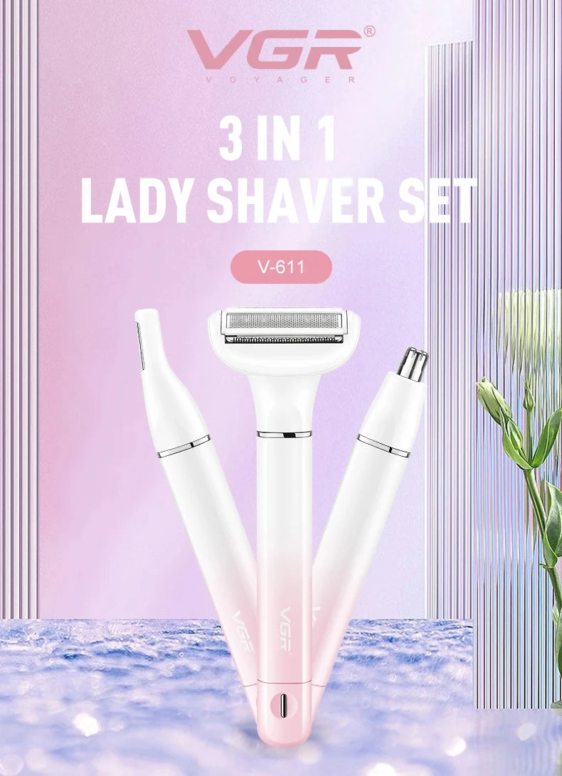 VGR Electric 3-in-1 Beauty Cleaning Set Facial Shaver Eyebrow Trimming Machine Nose Hair Trimmer Female Body Shaver V-611 Peaceful Pleasures Health and Wellness