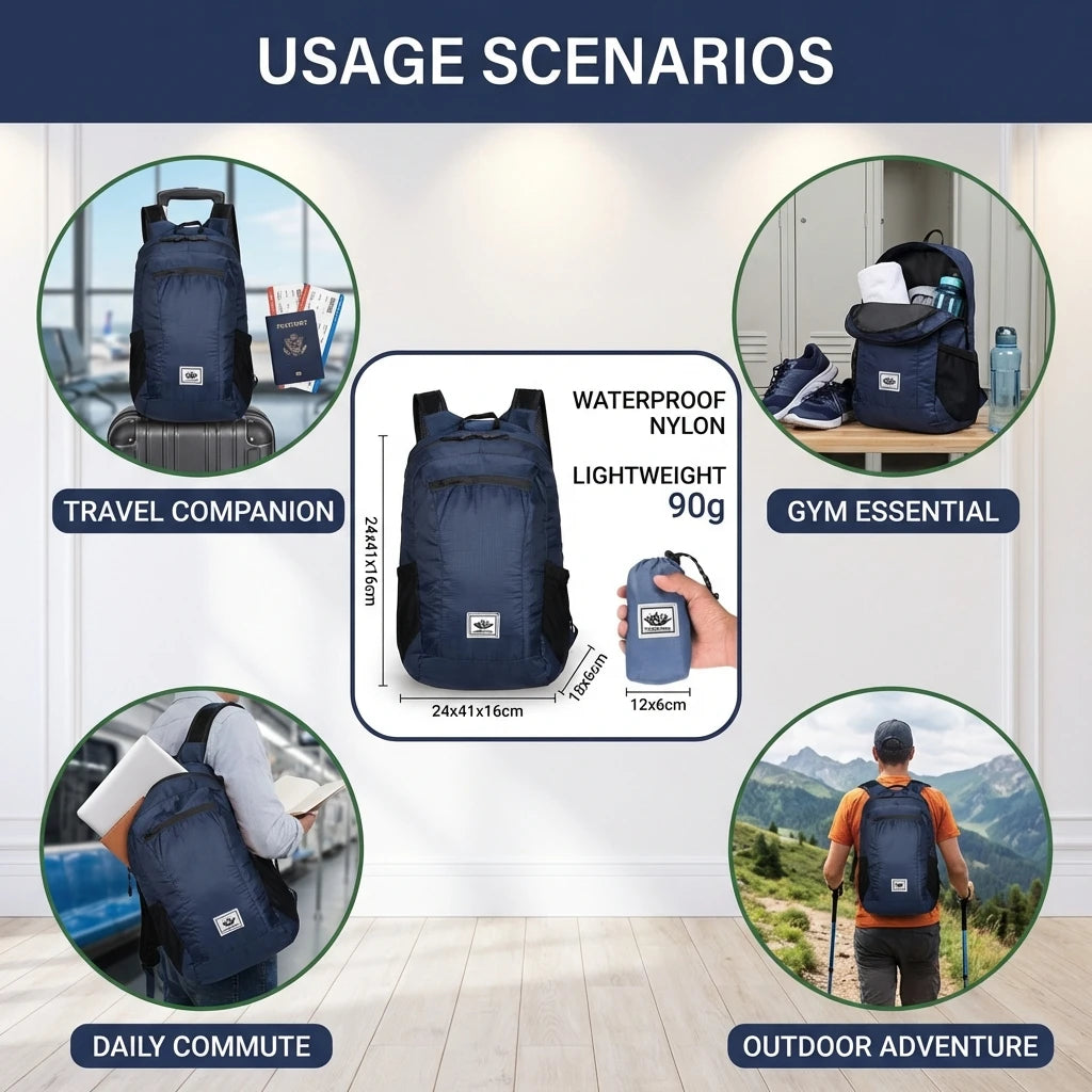 Foldable Waterproof Backpack Large Capacity Lightweight Travel Sports Bag for Hiking Commuting Gym Use Peaceful Pleasures Health and Wellness