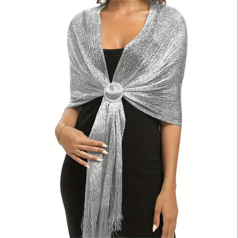 Ladies' Decorative Shawl Gold And Silver Silk Beach Play Tassel Scarf With Buckle Dinner Party Dance Party Wedding Attire Peaceful Pleasures Health and Wellness