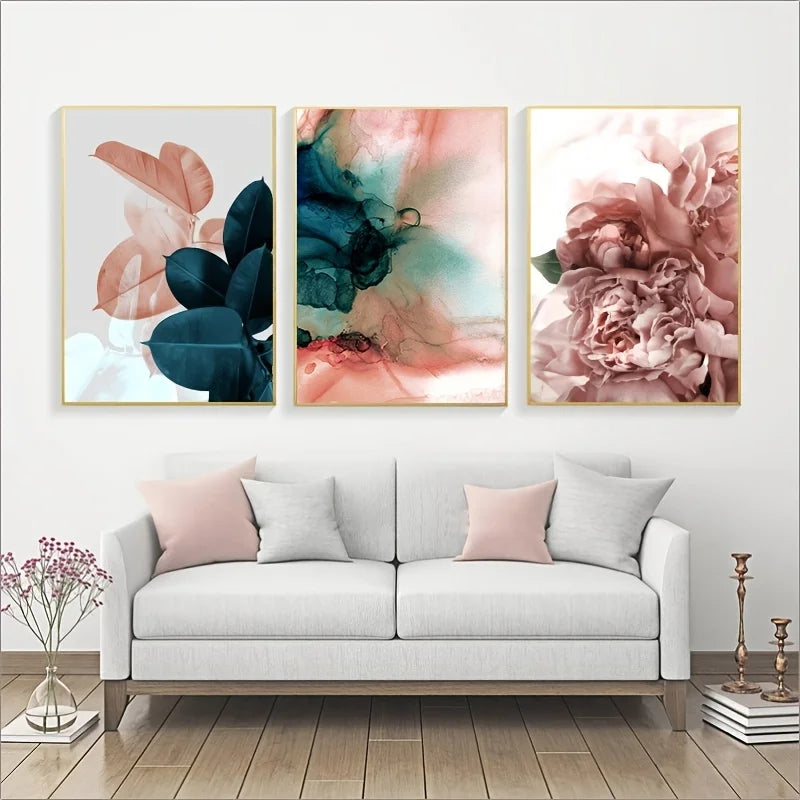 3-Piece Nordic Pink Flower Canvas Wall Art | Living Room Decor Canvas Wall Art Peaceful Pleasures Health and Wellness