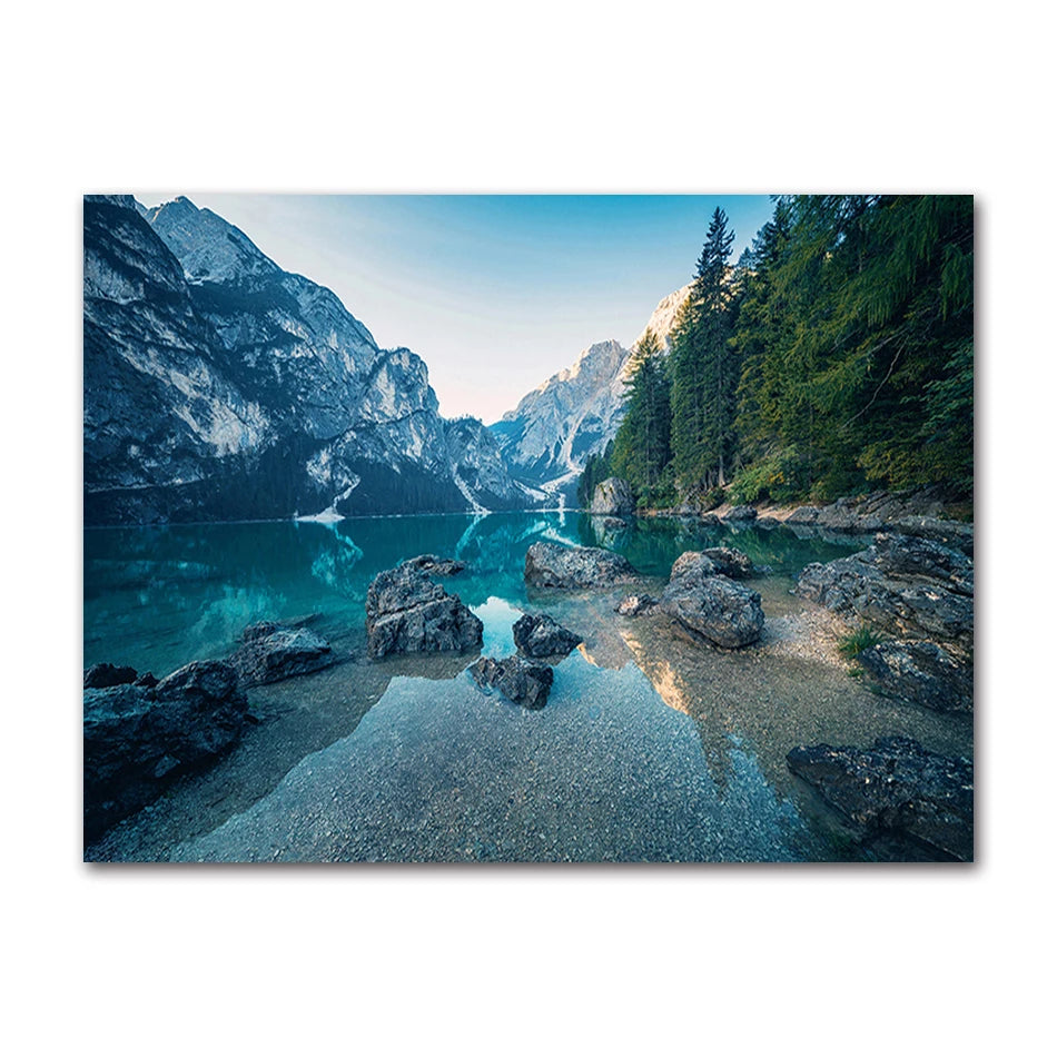Nordic Boat Lake Mountain Canvas Wall Art | Scandinavian Print