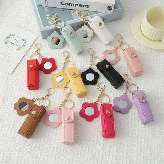 PU Leather Lipstick Holder Keychain with Flower Mirror Lipstick Holder Keychain Oasis Select