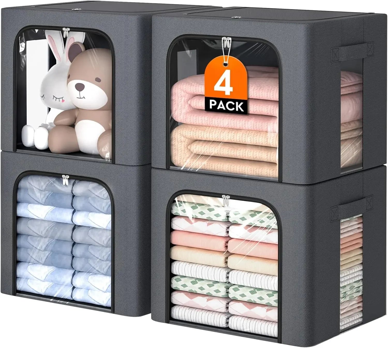 4-Pack Foldable Storage Bins with Metal Frame, 40L Clear Window Boxes, Top & Front Zippers for Closet Bedroom Organization Peaceful Pleasures Health and Wellness United States