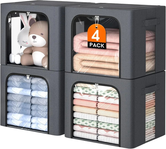4-Pack Foldable Storage Bins with Metal Frame, 40L Clear Window Boxes, Top & Front Zippers for Closet Bedroom Organization Peaceful Pleasures Health and Wellness United States