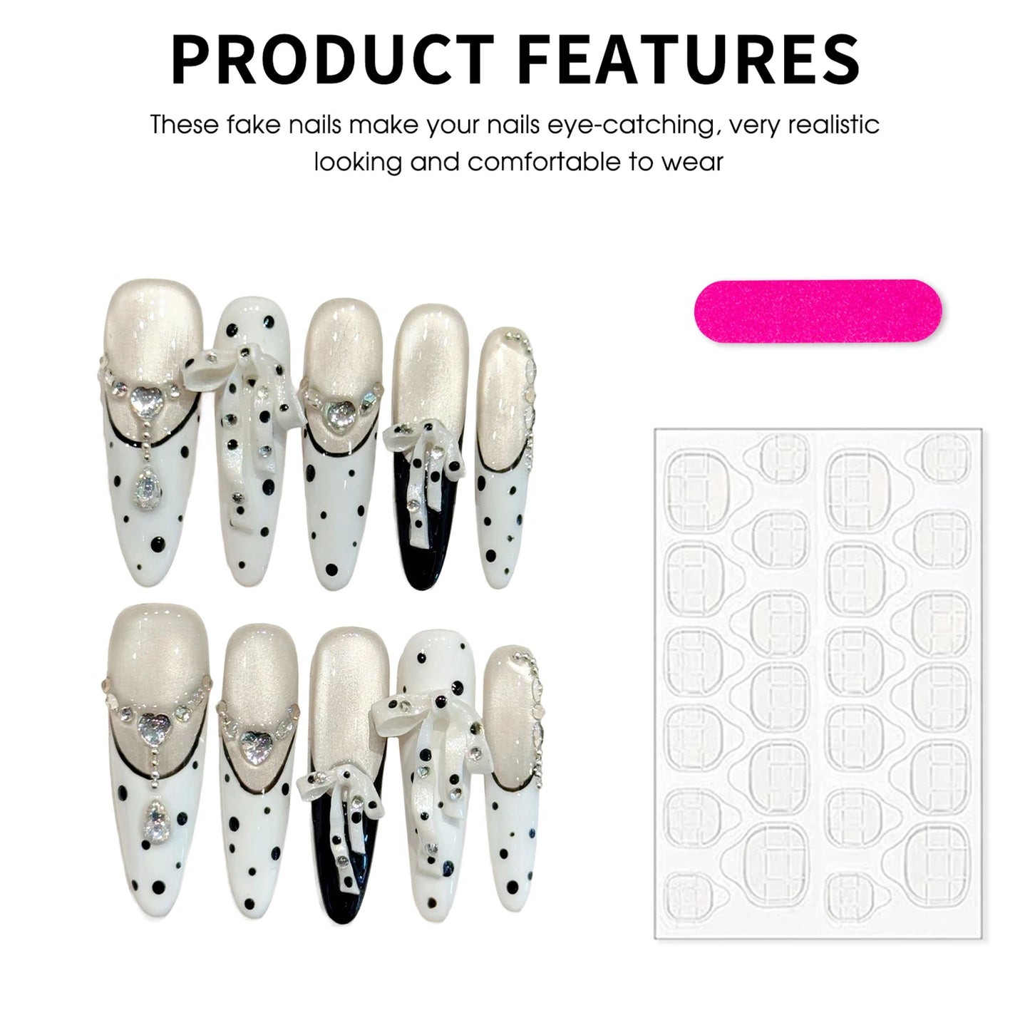 10pcs Retro Press On Nails – Black White Polka Dot French Bow